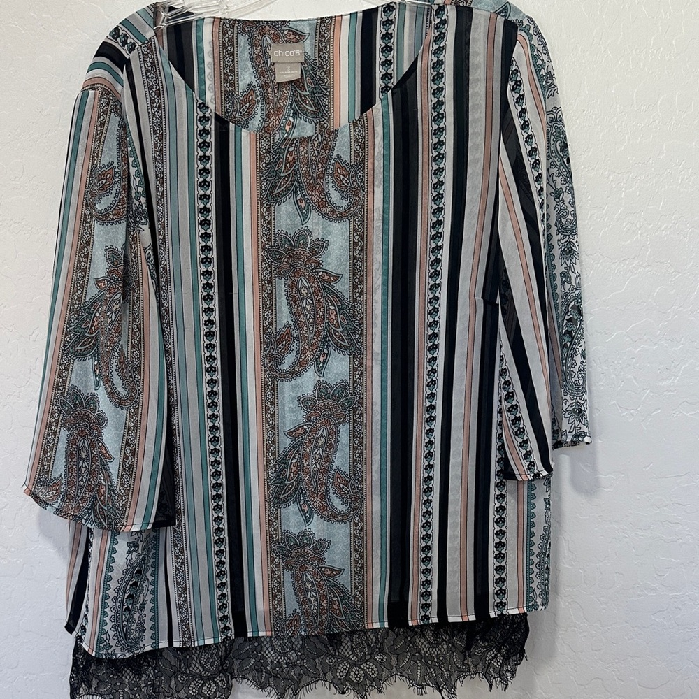 Chico's retro multi Blouse Paisley indie Tiered lace Sleeve Blouse plus 16/18
